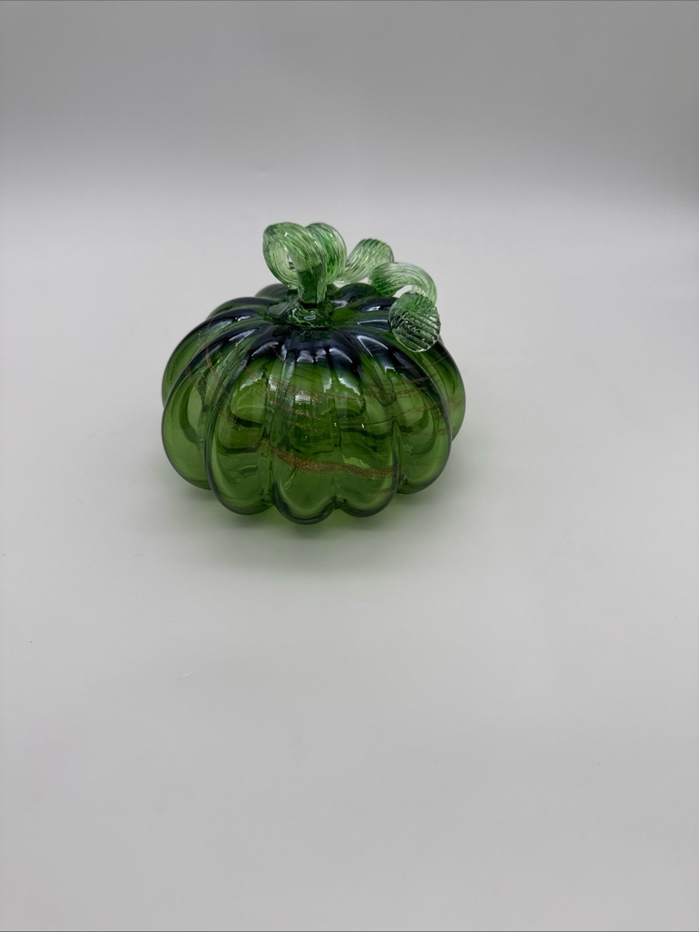 Green Harvest Pumpkin Gold Glitter Swirls & Twisted Vine Hand Blown Art Glass